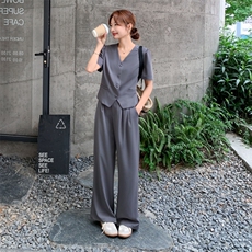 灰色老钱风气质短袖上衣套装女夏季新款高级感垂感阔腿裤两件套，女装套装/套裙，2C126