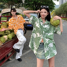 EQ401夏威夷风冰丝衬衫情侣装夏季短袖沙滩旅游度假衬衣男女ins，男装衬衫，电商C306-1