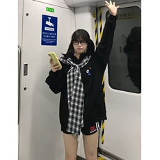 格子披肩美式复古假两件连帽卫衣男女秋冬2025新款宽松情侣上衣，男装卫衣，星座506A