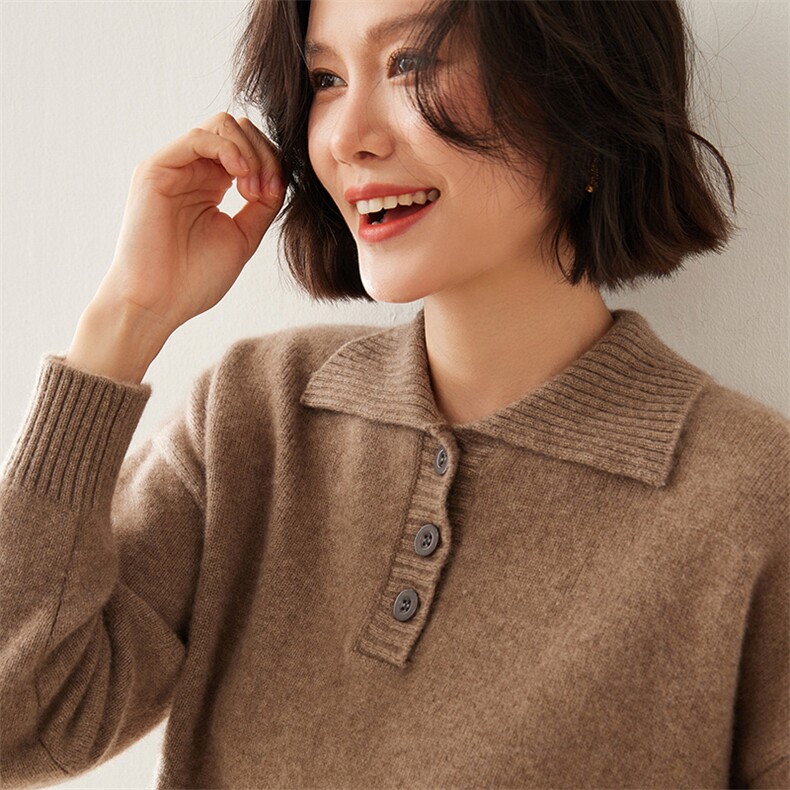polo领纯色35%羊绒衫女宽松半高领秋冬季毛衣图片