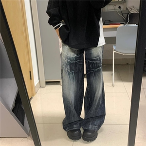 微弹长裤中腰美式街头水洗做旧闪电纹牛仔裤男女欧美宽松阔腿裤潮图片