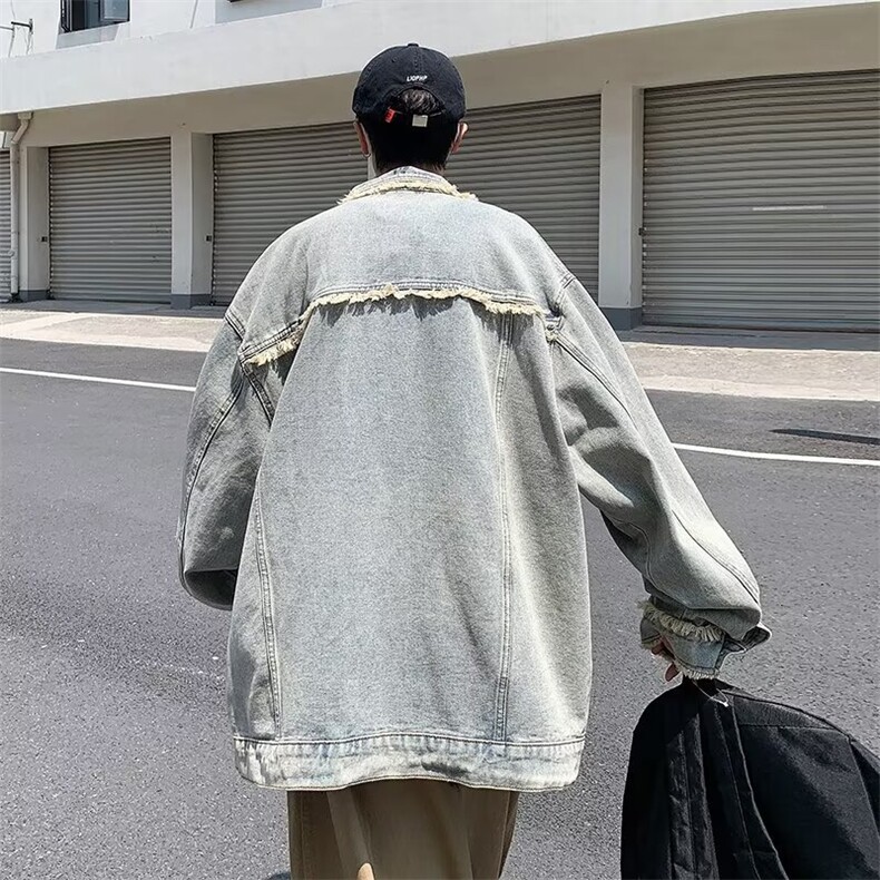 复古毛边做洞牛仔外套男春秋宽松休闲ins工装夹克上衣潮W5629-P57,男装工装外套,星座412-3