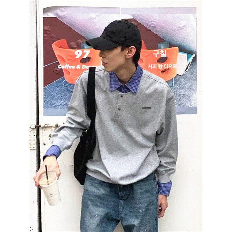 春秋小众设计感格子翻领拼接假两件POLO衫男宽松长袖上衣W07,男装夹克,星座1116A（原606A-3）