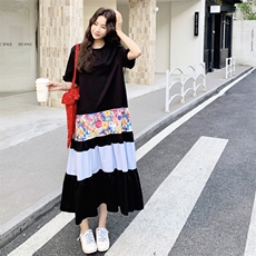 【新款】黑色花边袖拼接T恤连衣裙2C158-8688-P125-K178，女装连衣裙，2C158