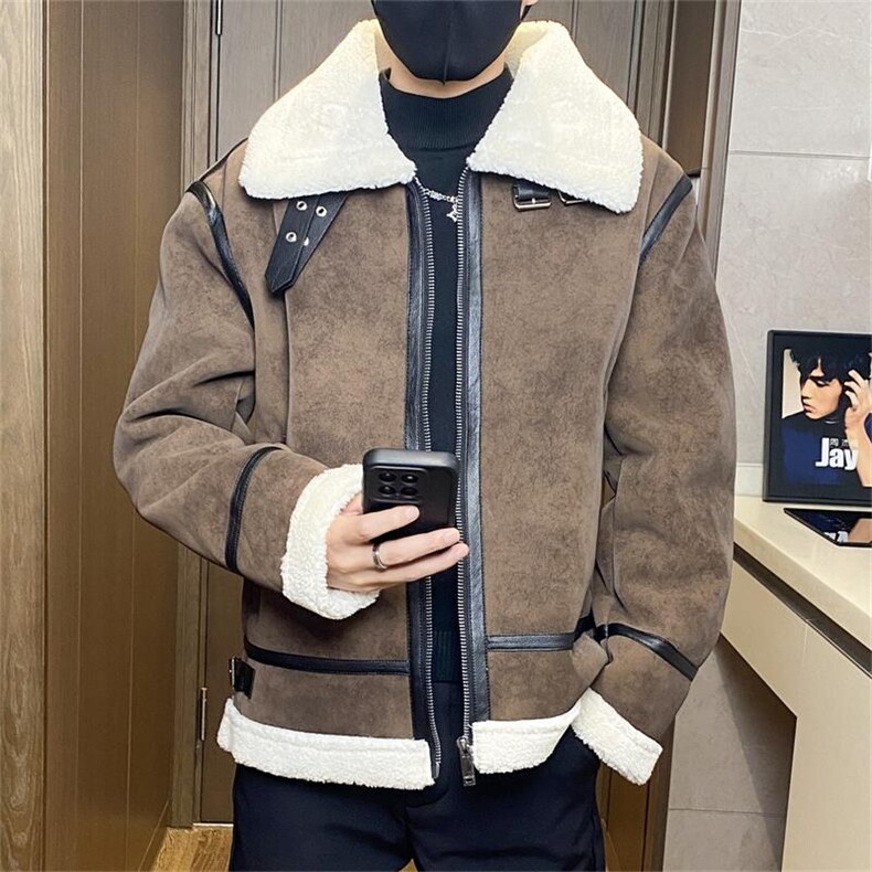 68802-P208冬季加绒皮毛一体外套男短款羊羔毛棉衣韩版潮流夹克潮图片