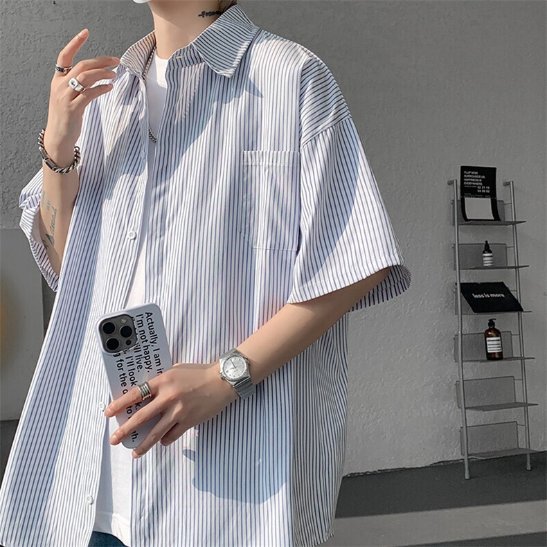 8XL-M 条纹短袖衬衫男夏季宽松慵懒风痞帅大码衬衣外套DC28001P40图片
