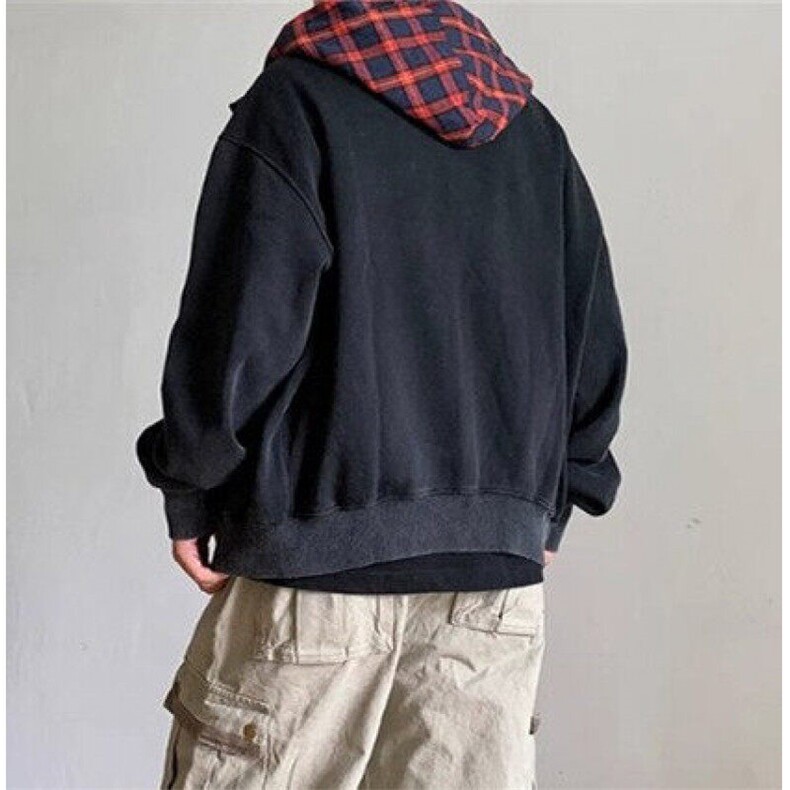 格子拼接连帽卫衣男女款复古假两件开衫cleanfit外套WY808,男装卫衣,星座1116A（原606A-3）