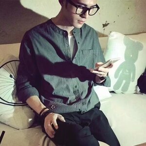 衬衫长袖男韩版黑色立领帅气棉麻衬衣ins港风休闲男士夏季寸衫潮图片