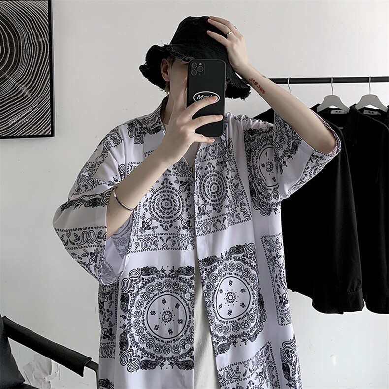 夏装男印花冰丝短袖衬衫青少年潮流宽松碎花衬衣A071-C16-P35，男装衬衫，电商A071