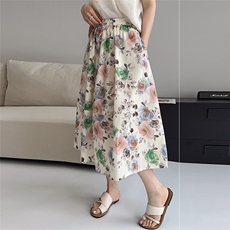 梦幻黑底紫蓝色碎花半身裙女夏季2025新款松紧腰全棉a字花苞裙子，女装半身裙，缘衣格