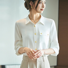 2025年夏季修身型百搭七分袖西装领缎面真丝衬衫，女装衬衫，帝知娇羊绒