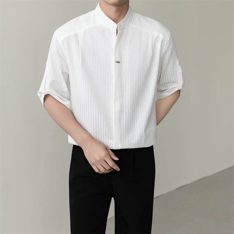 夏男立领条纹衬衫男休闲修身休闲衬衣轻熟风A236-82550-P60,男装衬衫,电商A236