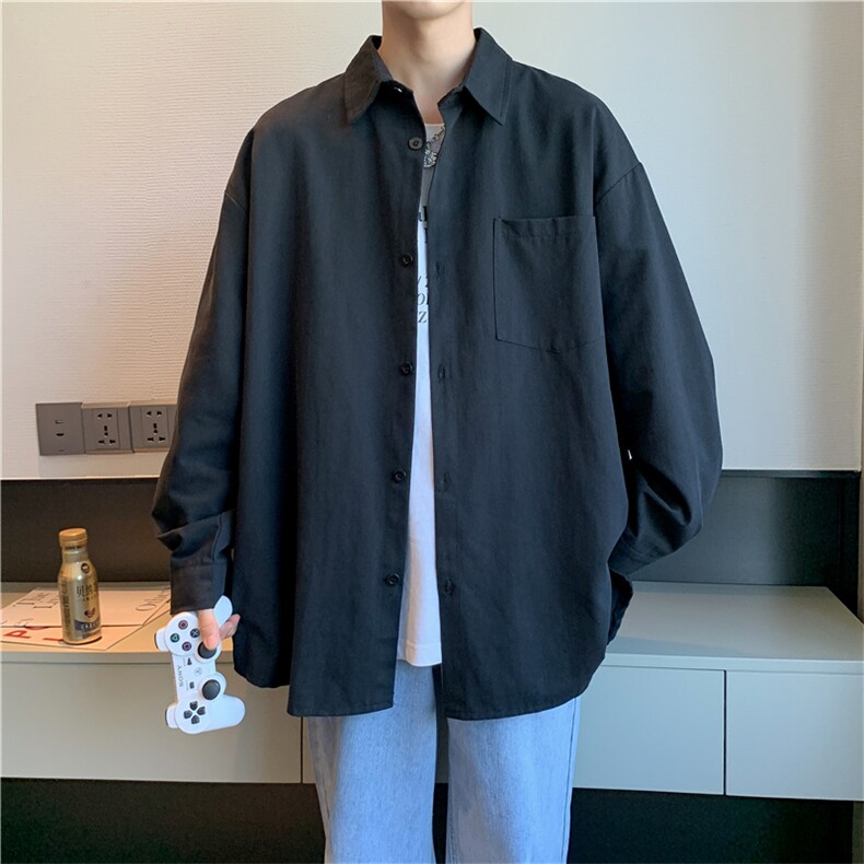 秋季ins港风纯色基础款排扣开叉长袖衬衫慵懒休闲衬衣W1783-P34,男装衬衫,星座512-4