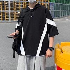 日系潮牌宽松简约百搭五分袖上衣拼色连帽短袖T恤男T1411-P33，男装T恤，星座512-2