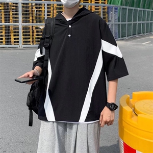 日系潮牌宽松简约百搭五分袖上衣拼色连帽短袖T恤男 T1411-P33图片