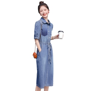 大量现货！2024夏季新款女装韩版时尚显瘦中长款刺绣牛仔连衣裙图片