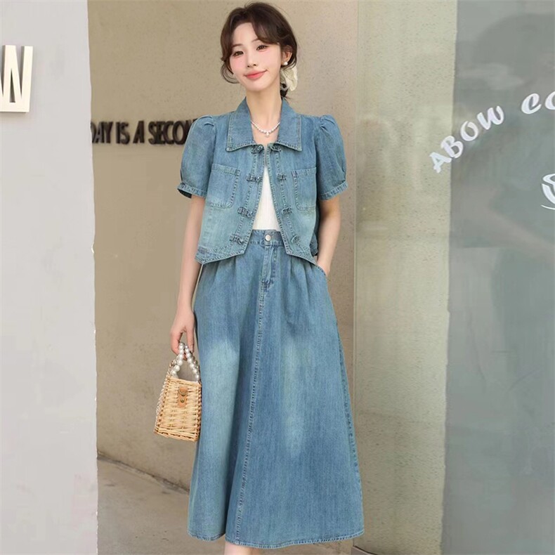 短袖牛仔套装女2024夏季新款女装两件套时尚套装裙子,女装套装/套裙,香水丽阁