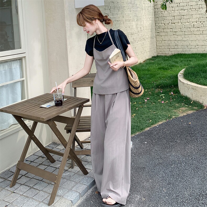 高级感老钱风气质套装女2025夏新款今年流行短袖吊带阔腿裤三件套,女装套装/套裙,2C255