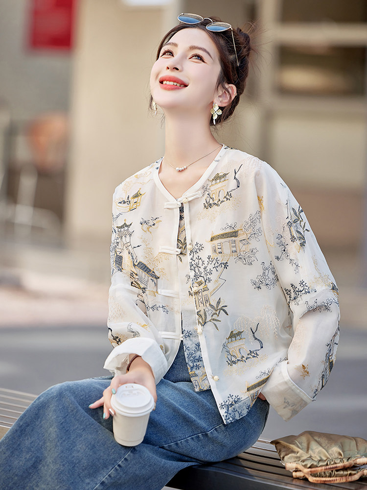 新中式外套女夏2025小个子新款百搭刺绣唐装薄外套防晒衣上衣,女装短外套,韩蜜菓