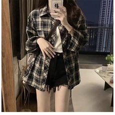 潮撞色格子衬衫男女款春秋季2025新款宽松休闲长袖百搭衬衣复古，男装衬衫，星座506A