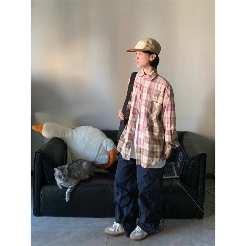 粉色格子衬衫男款春秋cleanfit长袖格纹衬衣美式复古2024新款外套,男装防晒衣,星座1007（原301D）