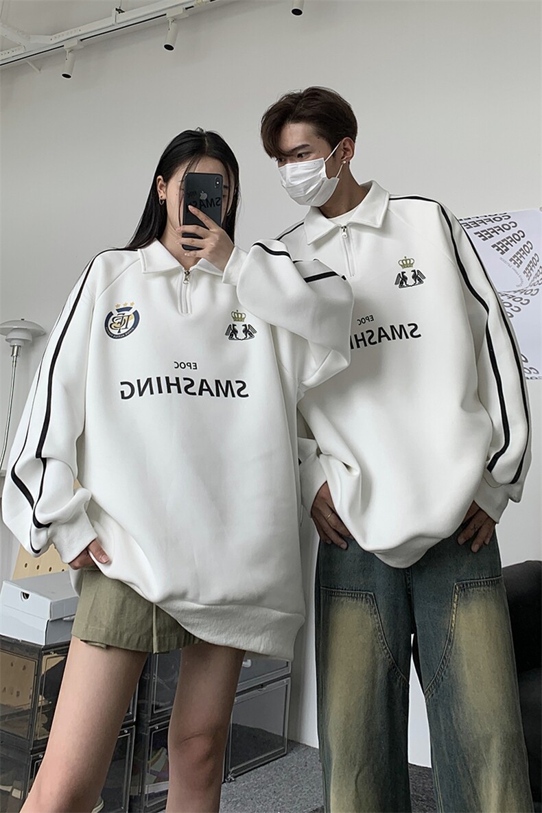 情侣秋装美式拼接织带印花情侣卫衣运动翻领外套男女G1060P58,女装短外套,电商A339