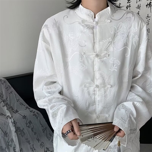 新中式龙纹盘扣风唐装白色衬衫外套衬衣短袖上衣男女~CS206图片