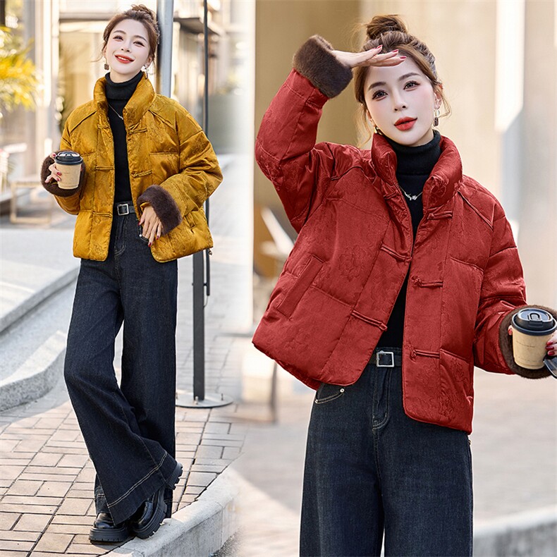 新中式国风短款羽绒服女2024冬新款减龄漂亮洋气黄色盘扣保暖外套,女装羽绒服,伊仟回
