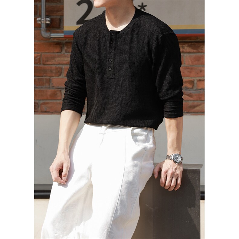 肌理感亨利领针织衫老钱风宽松打底衫长袖T恤男T24519-特P35控68，男装T恤，电商A001-1