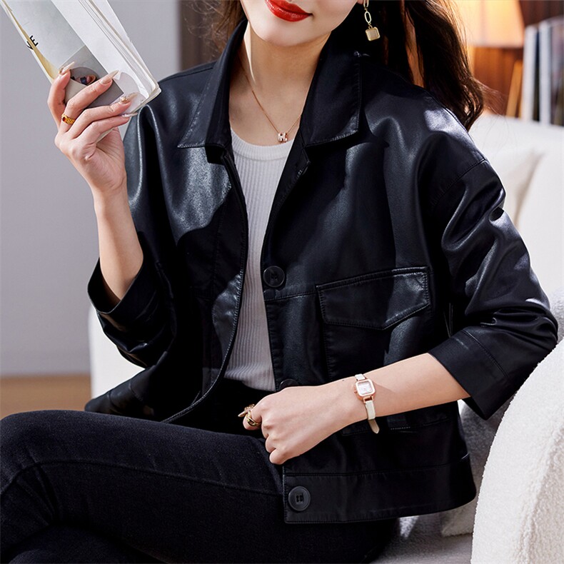 黑色宽松休闲百搭小皮衣外套女短款2024新款秋装PU皮夹克上衣,女装皮衣,美沁
