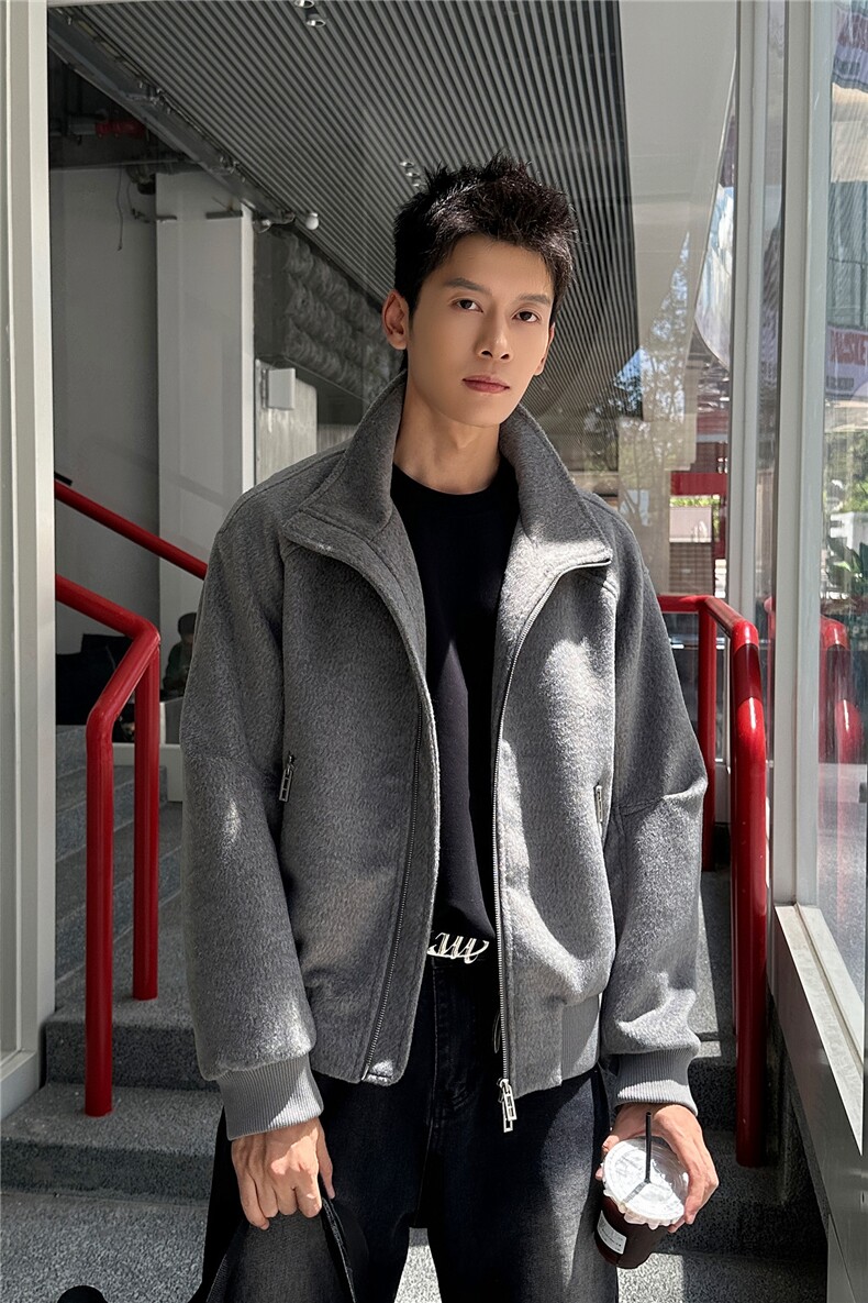 双拉链毛呢夹克外套秋冬短款呢子大衣宽松妮子风A236-JK632-P170,男装毛呢大衣,电商A236