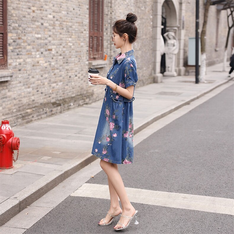 时尚牛仔印花连衣裙修身显瘦高腰A字裙夏季新款,女装连衣裙,秋水欣儿