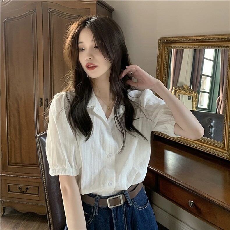 韩系温柔短袖衬衫蕾丝花边宽松白色衬衫,女装衬衫,湘姗