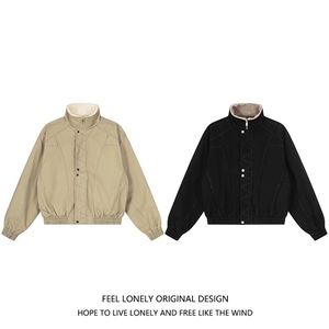 解构缉明线立领工装夹克秋冬加绒加厚廓形宽松棉服女 B138-p110图片