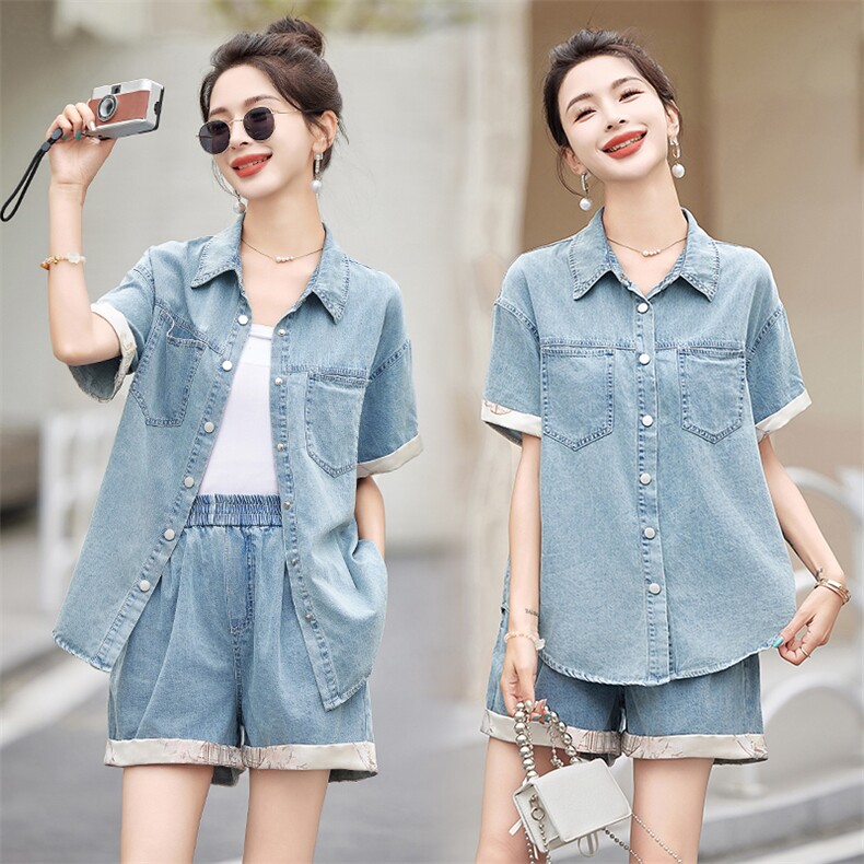 短袖牛仔衬衫套装女2025夏季新款小个子港风复古阔腿短裤两件套潮，女装套装/套裙，微微衣阁