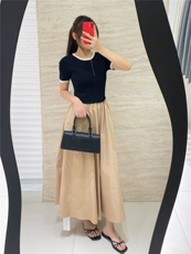 拼色圆领短袖拼接纯棉半身裙，女装连衣裙，优麦羊绒（原洪叶羊绒）