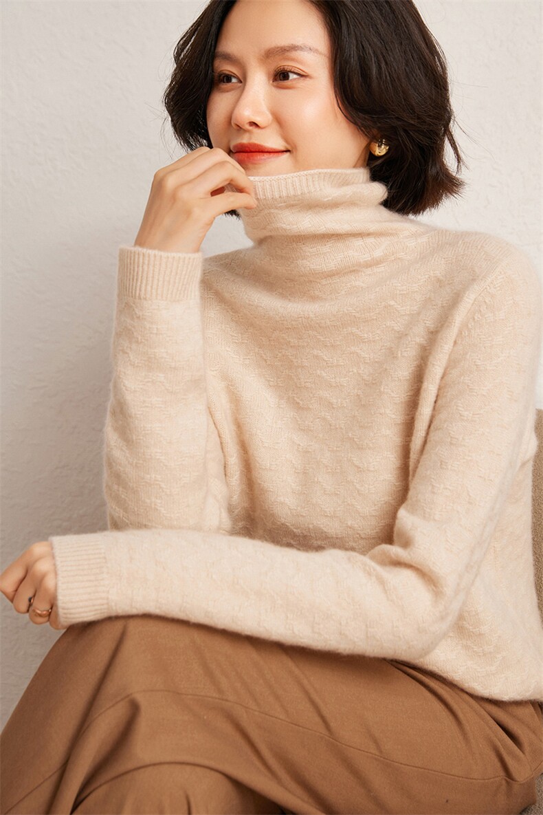 秋冬季35%羊绒65%羊毛休闲百搭7针绞花堆领羊绒衫,女装羊绒衫,广悦羊绒