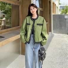 气质感绿色小香风短外套女春秋2025新款超火好看高级小众夹克上衣，女装短外套，2C327