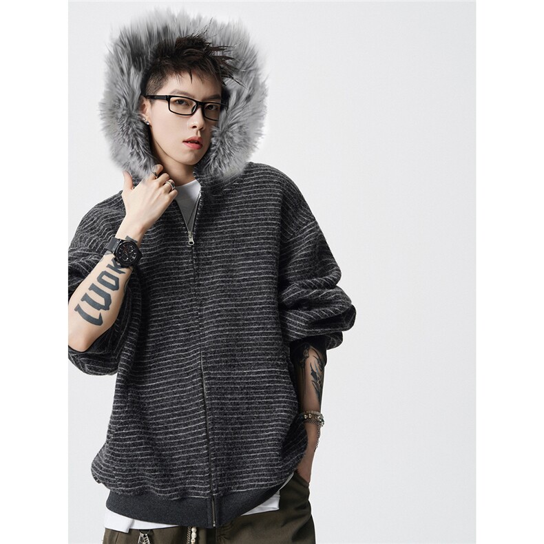 可二开条纹毛领连帽78晴纶19锦纶3氨纶S-XL开衫卫衣WY78139特P78，男装卫衣，星座227-7