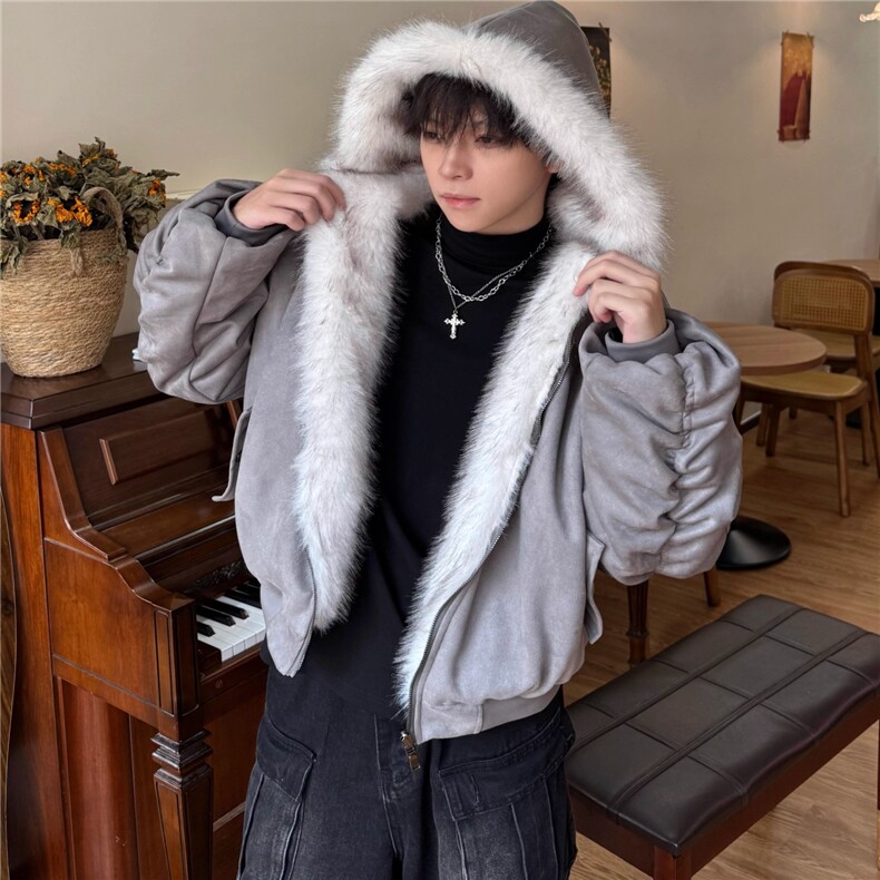 行星世界冬季新款麂皮绒双面穿棉服男复古毛领座山雕宽松加厚外套，男装棉衣，星座506A