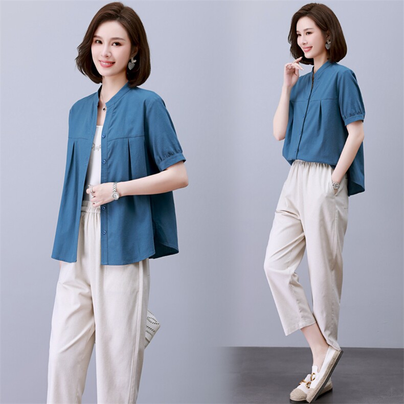 时尚休闲棉麻两件套女夏新款宽松显瘦短袖上衣阔腿裤套装，女装套装/套裙，依恋蒂丝