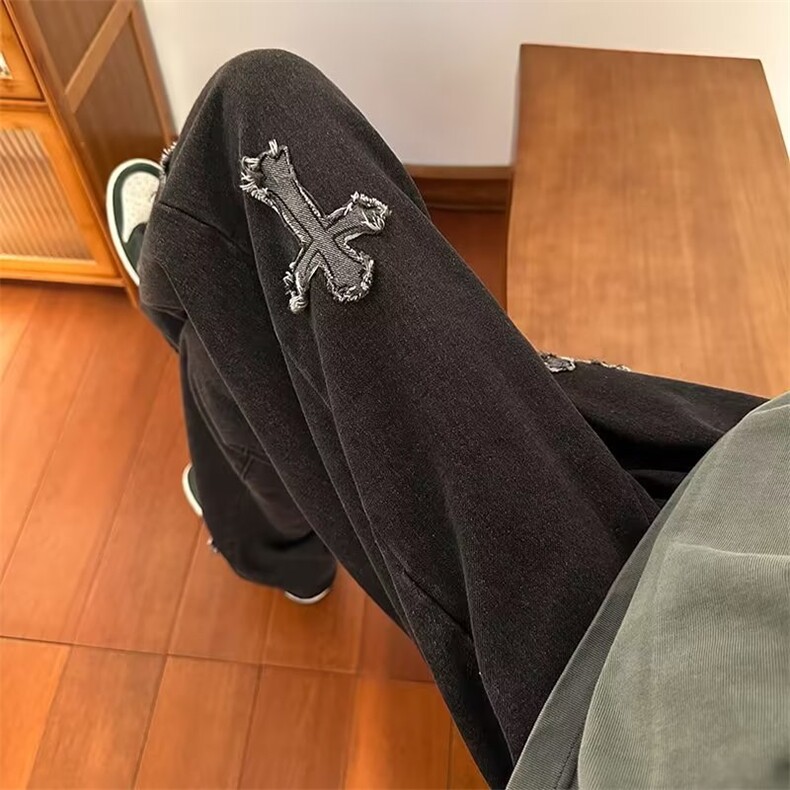 牛仔裤男美式高街十字架复古直筒裤宽松刺绣休闲长裤N6018-p40,男装牛仔裤,星座1008-2