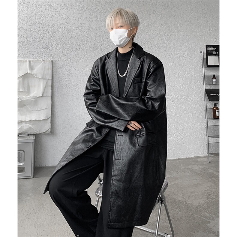 8XL-M美式皮衣复古宽松暗黑中长款PU西装皮风衣男PY859P138控158,男装皮衣,电商D206-1
