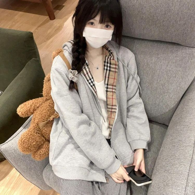 5339-P50原版做工食毛华棉复合格纹连帽卫衣薄款/加绒图片