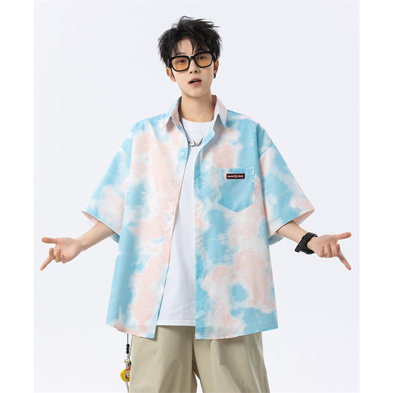 XZ-230-1CS507港风美式韩版简约轻奢水墨扎染休闲短袖衬衫P45控58,男装T恤,星座230-1
