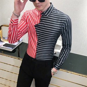 2021春秋男衬衫英伦长袖上衣拼接男装韩版修身四季潮流衬衣H841-P55图片
