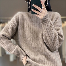100%羊毛衫女半高领坑条加厚毛衣秋冬新款宽松慵懒羊绒针织打底衫，女装羊毛衫，宇灿羊绒