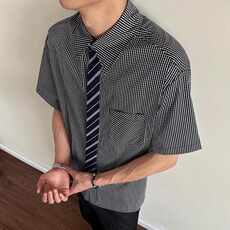 黄金搭配领带老钱风短袖衬衫男女夏季休闲宽松千鸟格衬衣CS2270，男装T恤，星座208-5