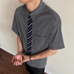 黄金搭配领带老钱风短袖衬衫男女夏季休闲宽松千鸟格衬衣CS2270图片