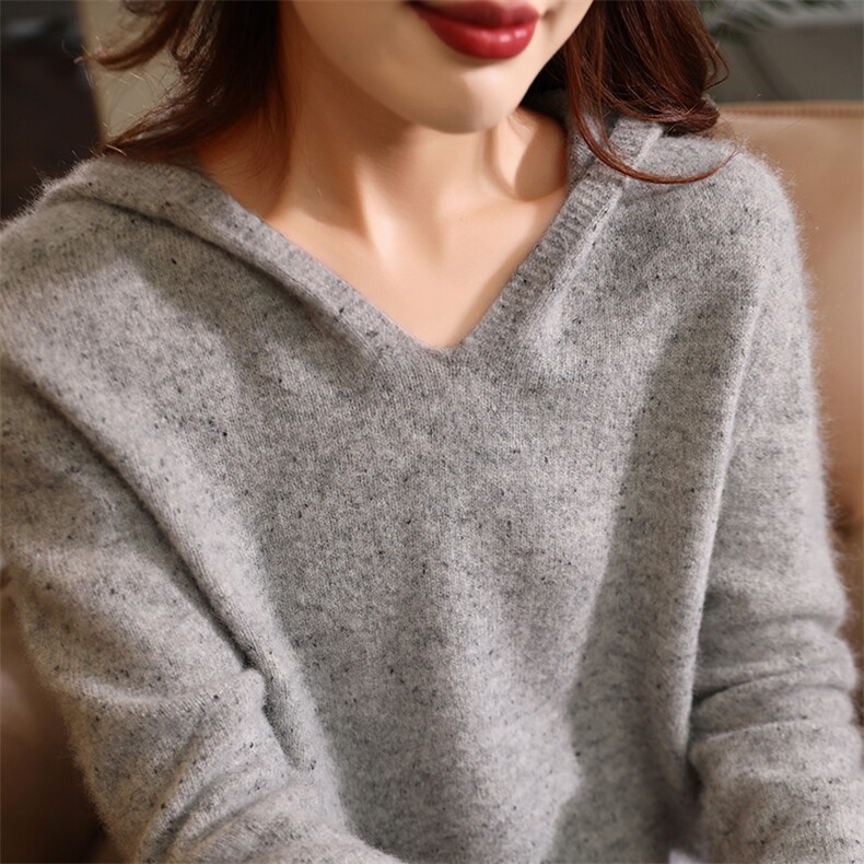 25秋冬一线成衣100%纯羊毛帽衫女V领亮丝针织毛衣宽松连帽羊绒衫,女装羊毛衫,暮绒羊羊绒